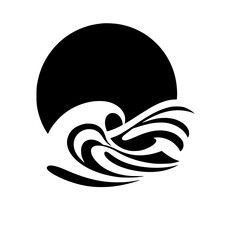 Abstract Black and White Wave and Sun Design: Minimalist Ocean Art Print