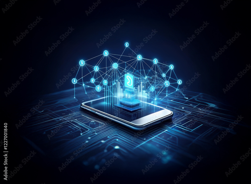 Poster a glowing digital network emanates from a smartphone, symbolizing mobile connectivity and data proce