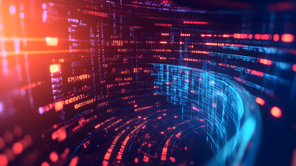 and high-tech abstract background showcasing a circular data vortex with glowing elements, symbolizing artificial intelligence, digital security, and rapid data processing 