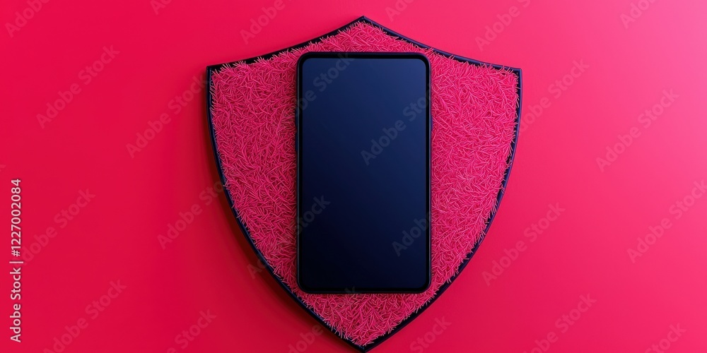 Poster spam call phone security concept. a smartphone on a colorful shield backdrop.