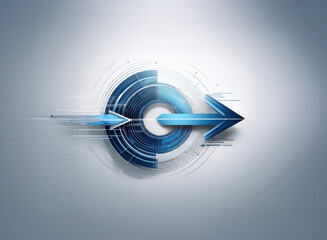 Abstract illustration of a glowing blue arrow piercing a circular technological interface, symbolizing progress and innovation.  Speed and futuristic design are emphasized.