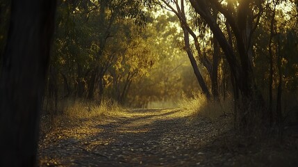Obraz premium Golden sunlight illuminates a tranquil forest path, evoking peace and natural harmony.