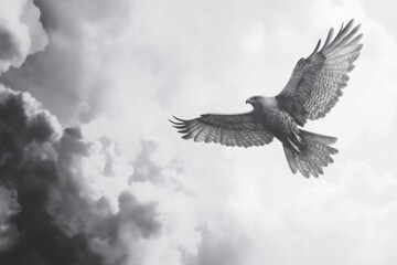 Fototapeta premium Realistic pencil sketch of a hawk flying high in a cloudy sky, representing freedom and wildlife