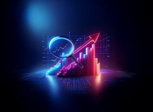 Neon-lit 3D rendering of a magnifying glass analyzing a rising bar graph, symbolizing growth and market research.  Data analysis, futuristic technology, and financial success are visually represented.