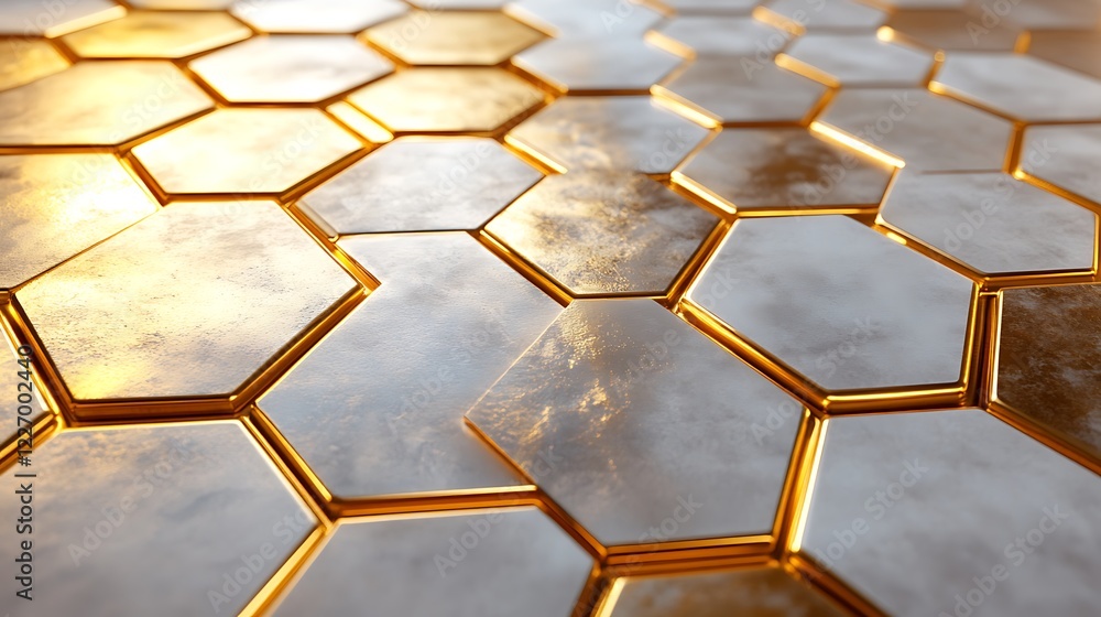 Poster 3d white and gold color hexagon tiles pattern shape background