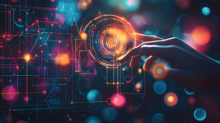 Obraz premium technology-themed abstract scene with glowing holographic data rings, futuristic geometric structures, and high-tech interfaces, creating an innovative and advanced design 