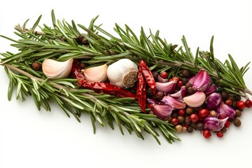Fresh herbs and spices arranged on a white background for culinary preparation and flavor enhancement in cooking
