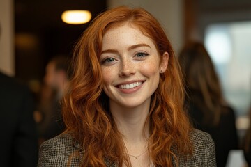 Fototapeta premium Smiling woman with red hair and freckles at a social event in an indoor venue during the evening hours