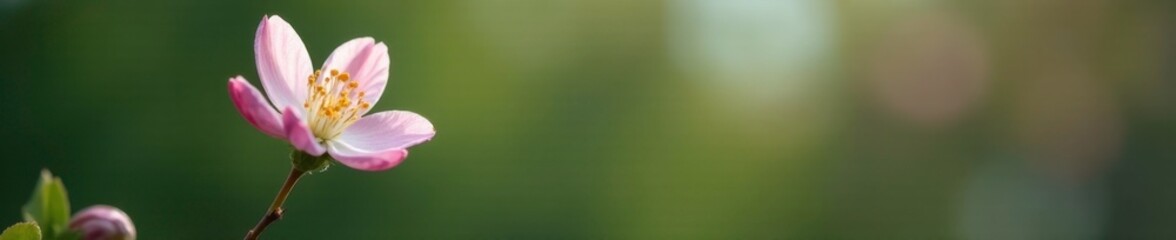 Fototapeta premium Single flower on a single stem with delicate petals, delicate almond blossom, foliage, single bloom