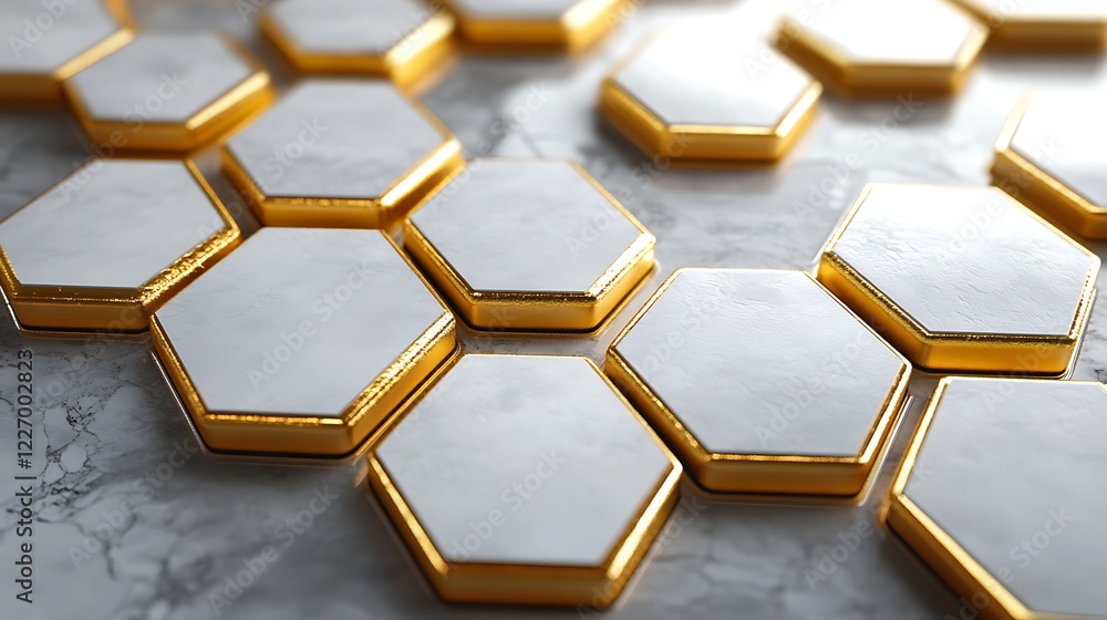 Poster 3d white and gold color hexagon tiles pattern shape background