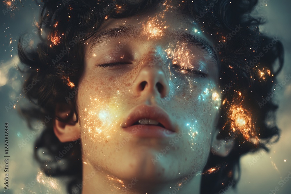 Poster portrait of a young person with cosmic elements, illustrating dreams and imagination in a surreal se