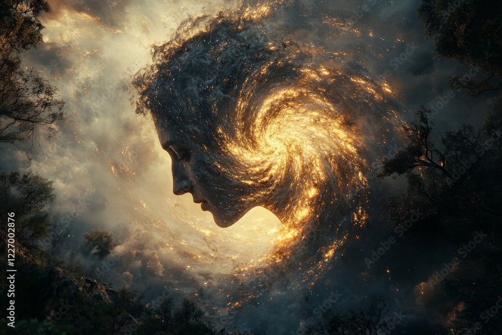 Poster mystical whirlpool of light and silhouette forms a captivating cosmic landscape at twilight