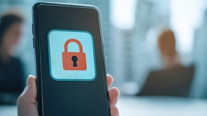 spam call phone security concept. A hand holding a smartphone displaying a digital lock symbol.