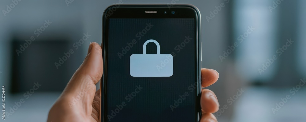 Poster spam call phone security concept. smartphone displaying a locked padlock icon in hand.