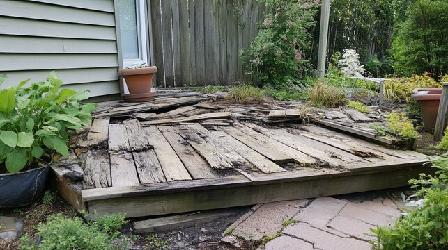 Backyard deck with rotted wood, mid-replacement for safety. picture