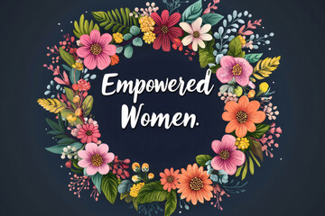 Floral wreath featuring an empowering message celebrating women's strength, resilience, and the spirit of sisterhood and equality