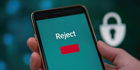 spam call phone security concept. Mobile phone displaying a rejection prompt with a lock icon in the background.