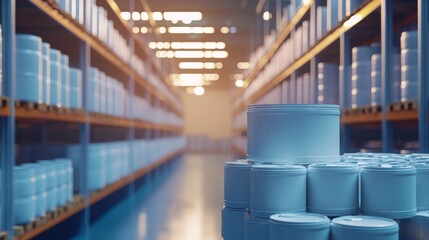 Warehouse shelves filled with pastel-colored barrels in soft lighting