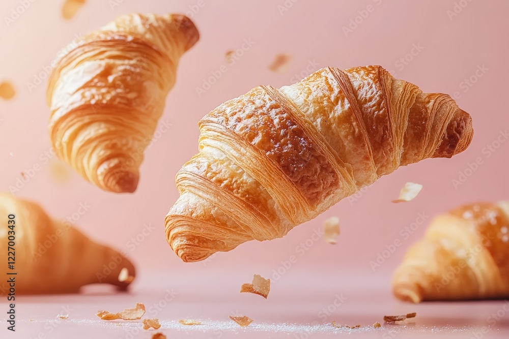 Poster Flaky golden croissants floating above a pink background with crumbs and texture enhancing the delightful breakfast scene