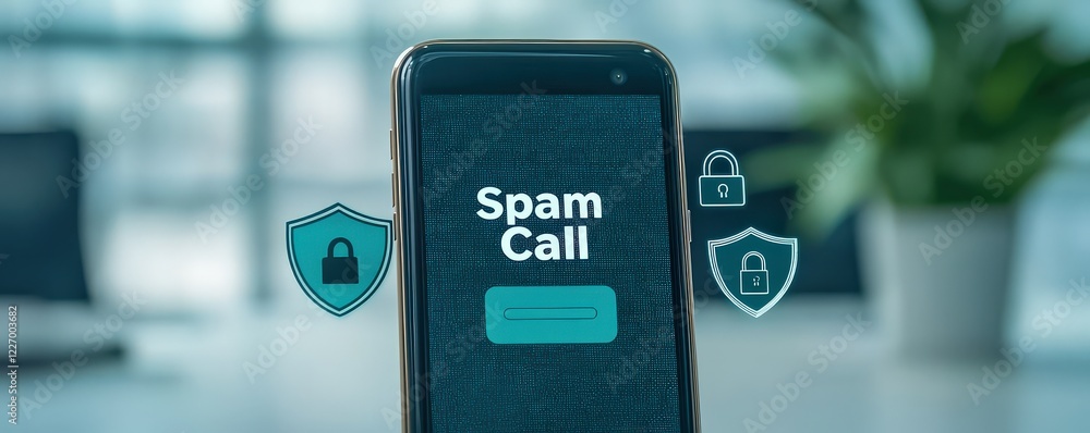 Aufkleber spam call phone security concept. smartphone displaying a spam call alert with security icons.