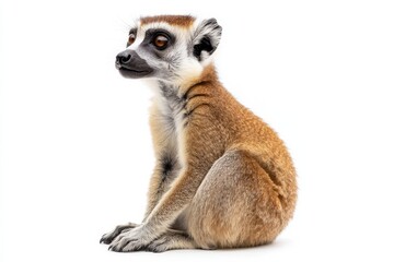 Fototapeta premium Adorable baby lemur sits against white background.