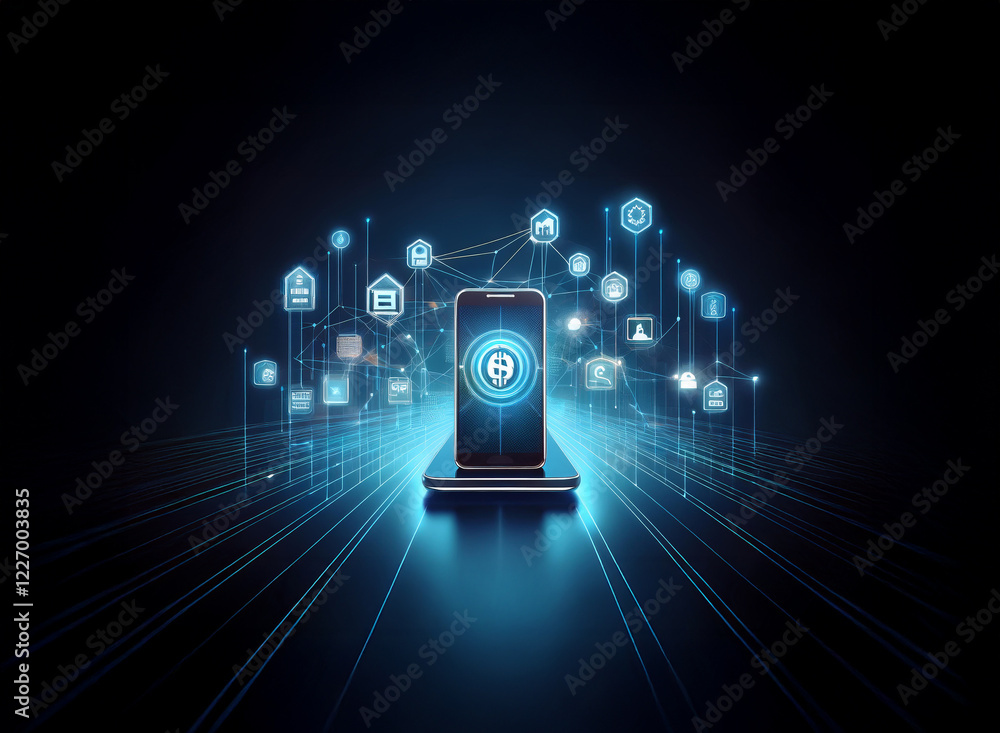 Poster a smartphone displays a security shield, surrounded by a network of digital icons, symbolizing secur