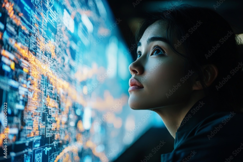 Poster Woman explores advanced digital interface while focusing on data analysis in a modern tech environment