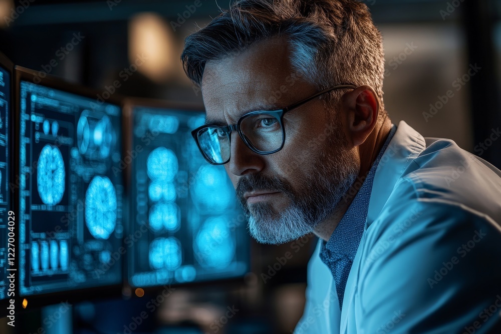 Poster Scientist analyzing brain scans in a modern lab at night while focusing on critical data