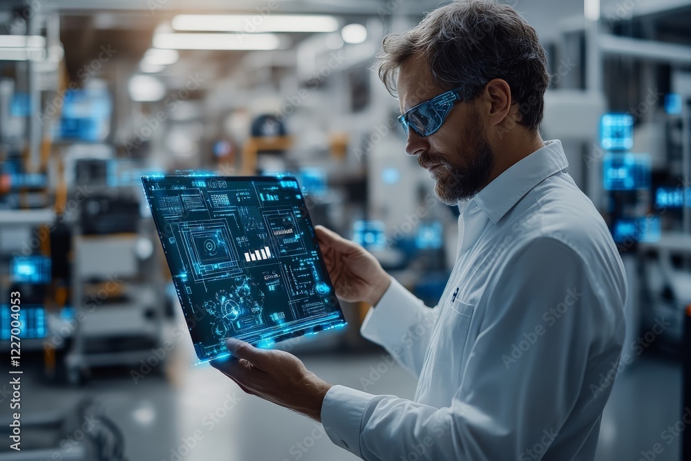 Poster expert examines advanced digital display while working in a high-tech research facility in the eveni