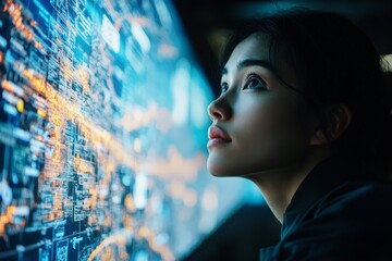 Woman explores advanced digital interface while focusing on data analysis in a modern tech environment