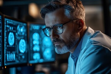 Fototapeta premium Scientist analyzing brain scans in a modern lab at night while focusing on critical data