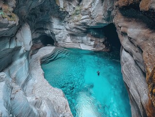 A person swims in a turquoise river surrounded by rocky cliffs in a natural cave like environment