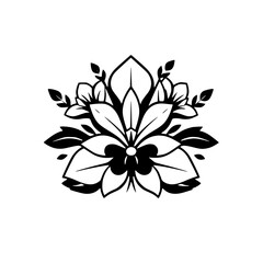 Elegant Black and White Floral Design: Symmetrical Botanical Illustration, Perfect for Vintage Decor and Nature-Inspired Projects