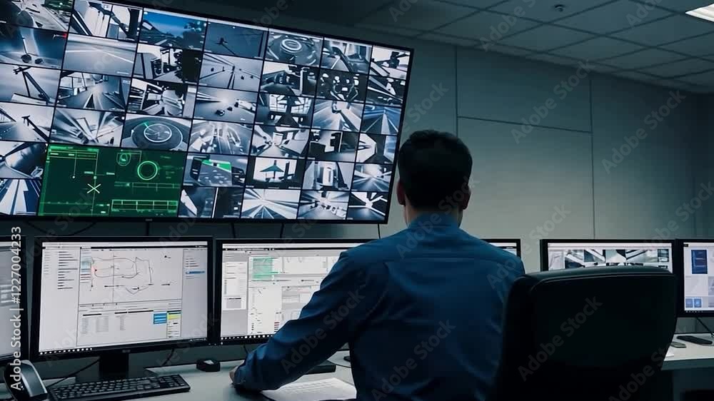 Poster man, back view and monitoring system with screens for surveillance, security and control. person, op