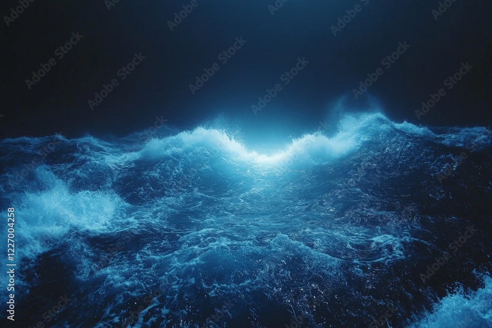 Poster dynamic ocean waves under dramatic lighting create a mesmerizing seascape in deep shades of blue