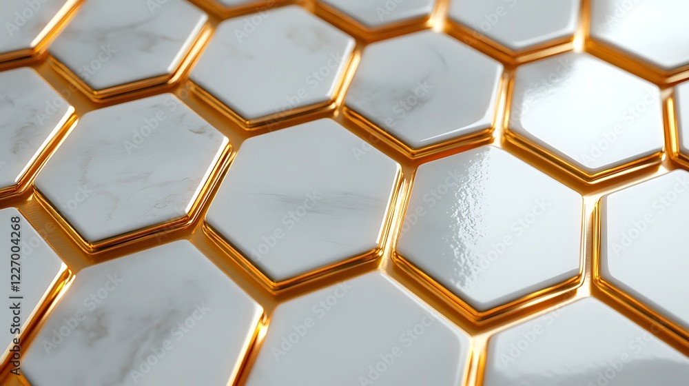Poster 3d white and gold color hexagon tiles pattern shape background