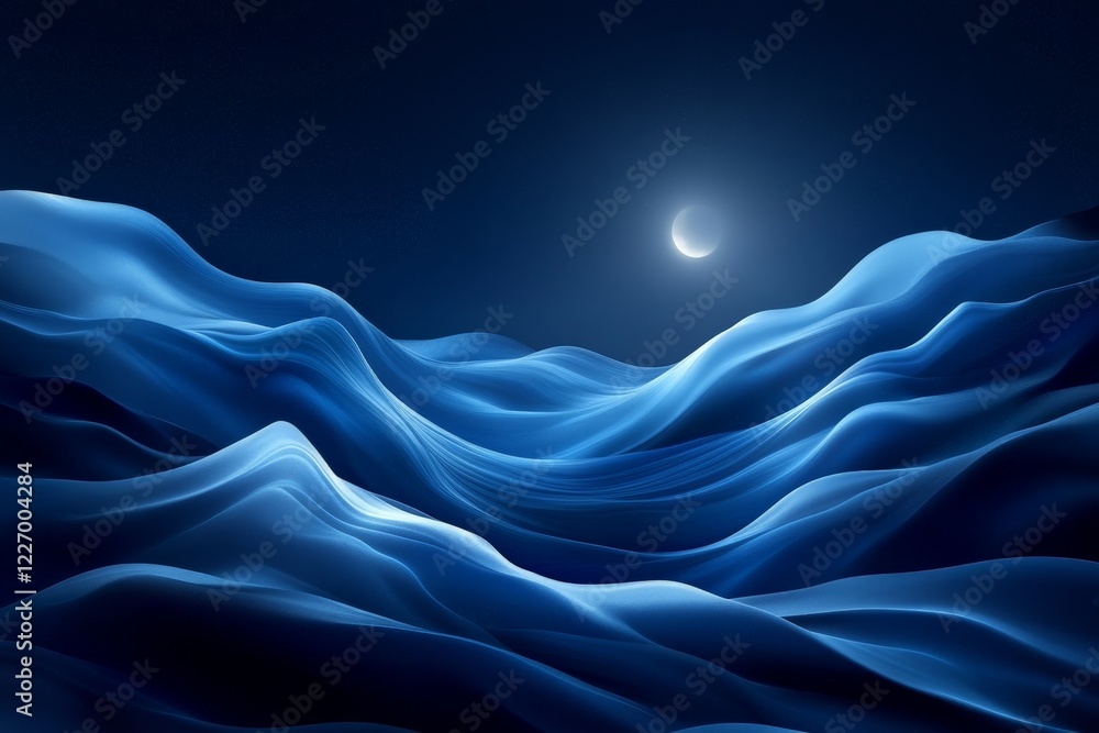 Poster waves illuminated by a crescent moon in a tranquil night ocean setting