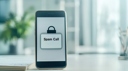 spam call phone security concept. Smartphone displaying a spam call alert on the screen.