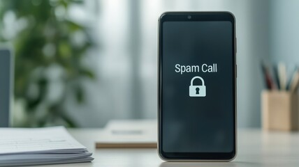 spam call phone security concept. Smartphone displaying a spam call notification on the screen.