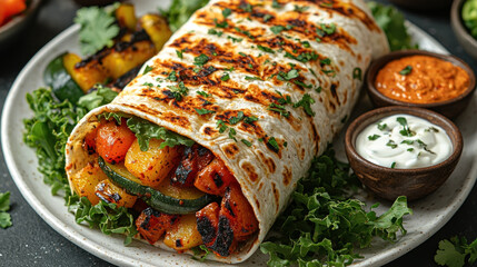 Grilled veggie burrito with dips on plate, dark background