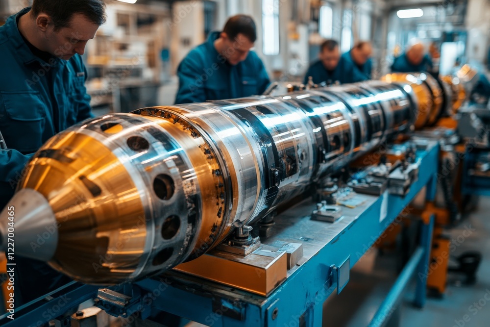 Poster Engineers work on advanced engineering project in a modern workshop setting during the day