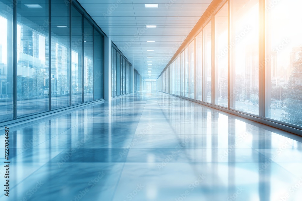 Poster modern corridor with large windows, reflecting sunlight, showcasing sleek architecture in a contempo