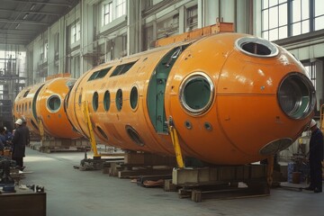 Obraz premium Unique orange submersibles being constructed in a large industrial facility during daylight hours