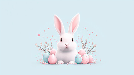 Obraz premium Easter party concept. Composition of easter bunny and eggs on pastel background with copyspace template for greetein card