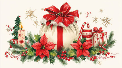 Christmas banner set of Santas gift bag with present and poinsettia flower, christmas tree wreath with holly berry, red ribbon bow and bell, candle with ilex and pine branches, candy cane and pinecone