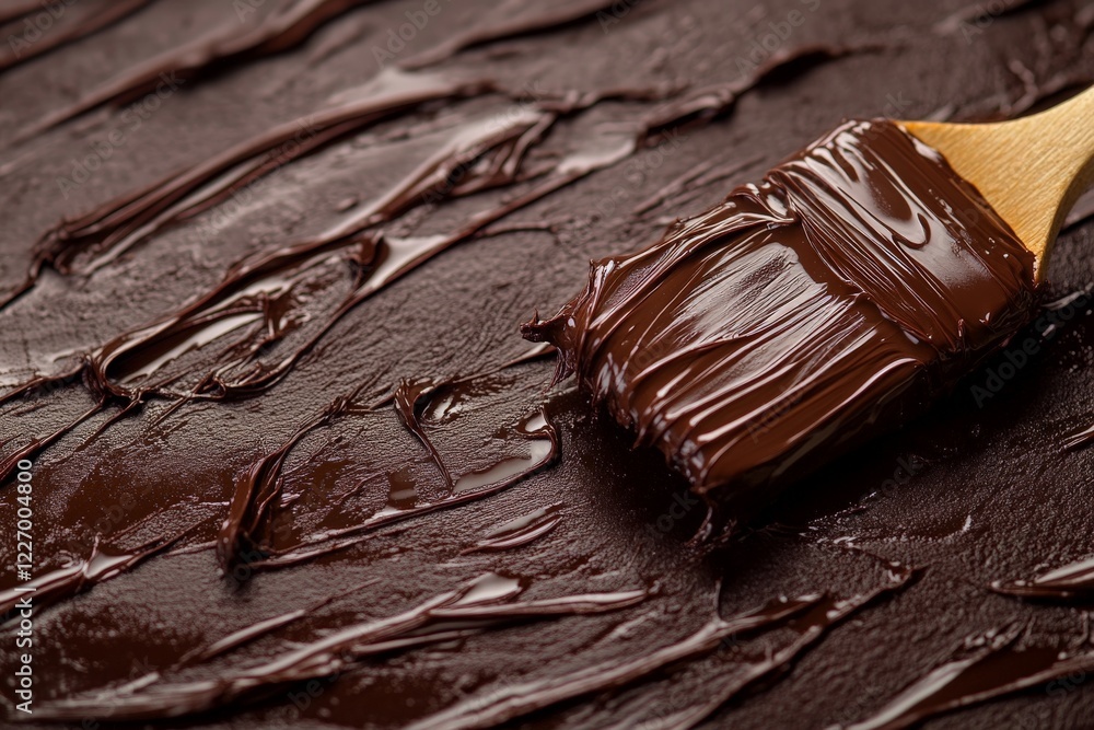 Poster smooth chocolate spread applied with a wooden spatula on a dark surface during baking preparation