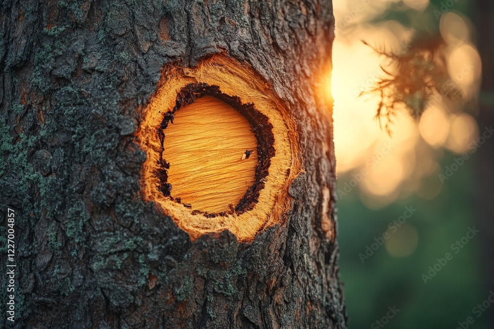 Poster Tree with a hollowed trunk illuminated by sunset light in a forest setting