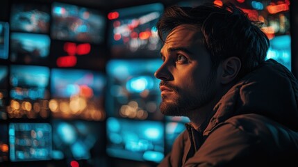 Focused individual observes multiple screens in a dimly lit control room during evening hours