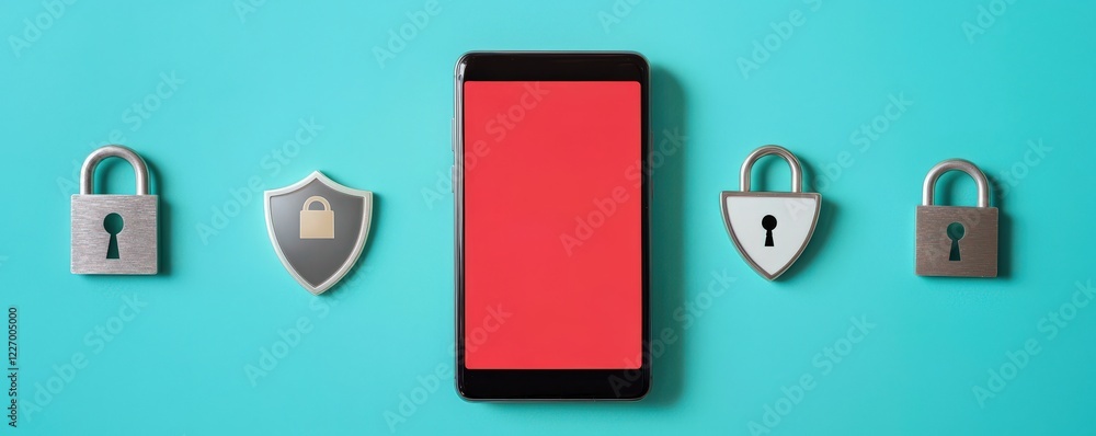 Poster spam call phone security concept. smartphone with locks on a teal background, representing security 