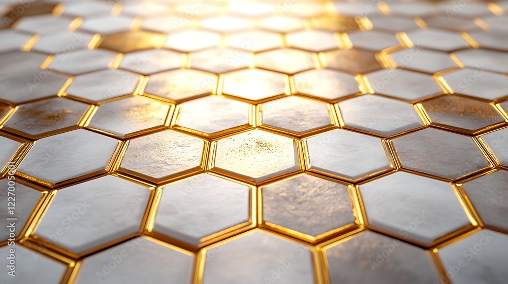 Poster 3d white and gold color hexagon tiles pattern shape background